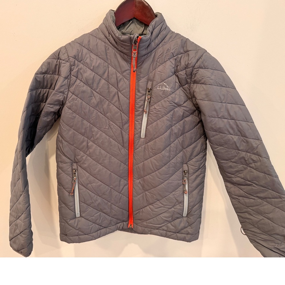 LL Bean Kids PrimaLoft Packaway Jacket Gray Orange Zip Puffer M 10-12 500146